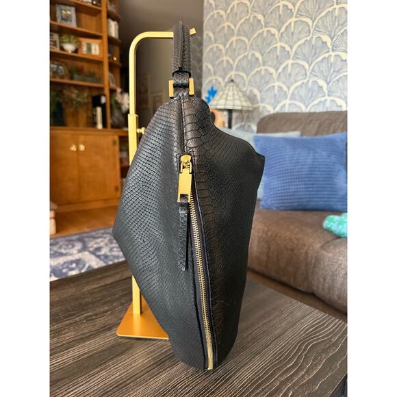 Calvin Klein Snake Skin Genuine Leather Gold Shimmer XL Hobo Bag with Side Zips - Picture 2 of 9